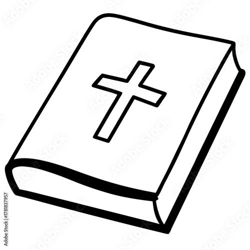 Outline drawing of a bible with a cross on the cover representing faith