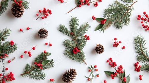 Festive Christmas Flat Lay with Pine Cones and Berries.