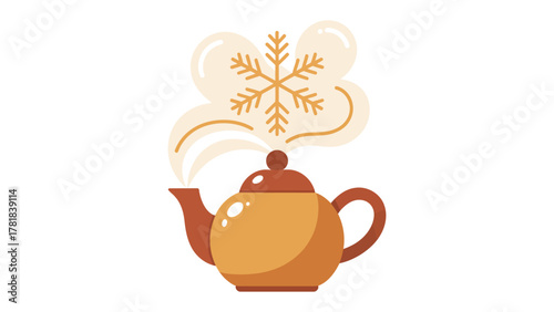 Warm Teapot with Snowflake Symbol: A comforting teapot steams with an inviting aroma, adorned with a delicate snowflake symbol, evoking feelings of cozy warmth and winter bliss.