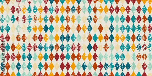 Colorful diamond pattern with vintage distressed texture, perfect for retro design, geometric projects, textiles, and decorative backgrounds.Eps10