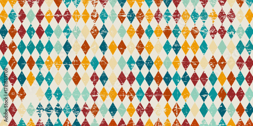 Colorful diamond pattern with vintage distressed texture, perfect for retro design, geometric projects, textiles, and decorative backgrounds.Eps10