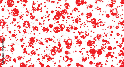 Numerous red blots varying in size and shape are scattered across a white background creating a pattern resembling blood spatter