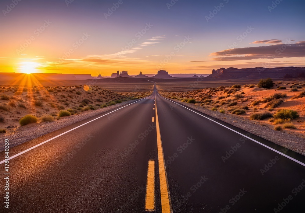 Naklejka premium A road stretches into the distance toward mesas under a sunset sky in a desert landscape view