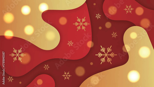Modern geometric Christmas background in red and gold tones with luminous snowflakes and elegant holiday glow