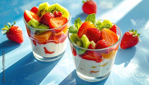 Two glasses filled with fresh strawberries kiwi fruit and yogurt garnished with mint leaves presented on a vibrant blue surface with natural sunlight casting dramatic shadows.