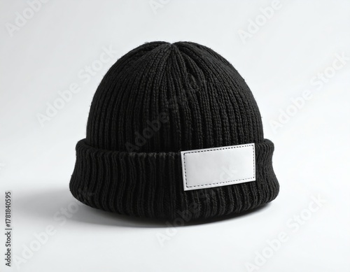 Black knit beanie with patch displayed on white background, featuring a blank rectangular label for branding, fashion, or customization purposes.