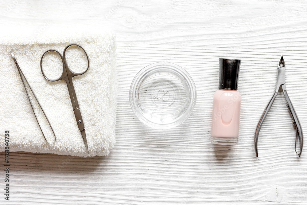 Naklejka premium French manicure - preparing tools on wooden backround top view