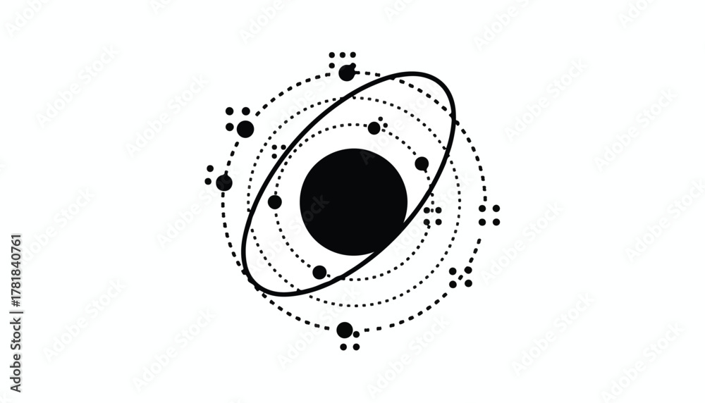 Obraz premium Abstract atom illustration with orbiting particles and central nucleus.