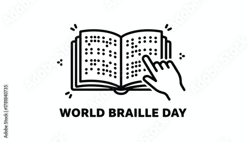 World Braille Day illustration with open book and hand reading.