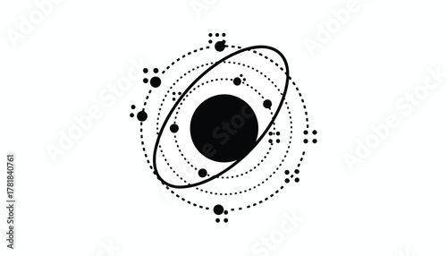 Abstract atom illustration with orbiting particles and central nucleus.