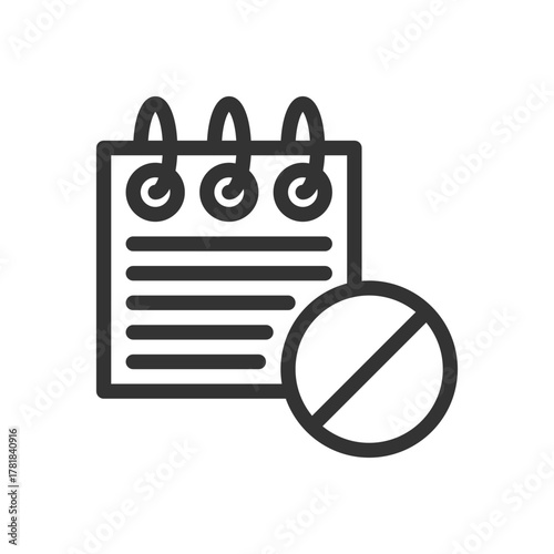 A notepad with horizontal lines next to a circle crossed out by a diagonal line