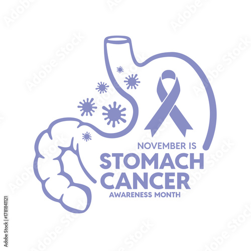 Stomach cancer awareness month - Periwinkle ribbon awareness sign and text in line stomach with cancer cell around background vector design