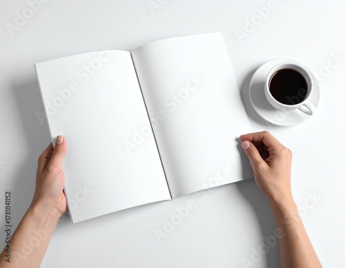 Blank magazine with coffee cup placed on white table, ready for design, branding, or advertising mockup presentation in a modern setting.