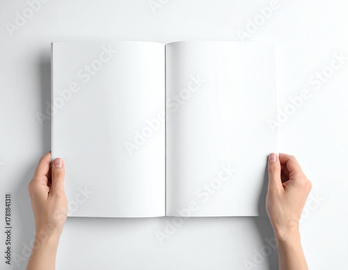 Hands holding open blank book, showcasing empty white pages ready for sketching, note-taking, or creative writing on a clean background.