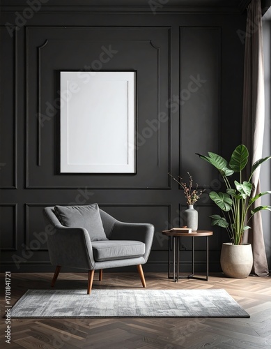 Modern gray armchair living room features dark wall paneling, indoor plant, sleek side table, and minimalist decor for a cozy, stylish atmosphere.