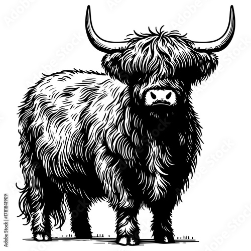 Highland Cattle Cow Vector Black and White Illustration — detailed hand-drawn farm animal artwork featuring a shaggy Scottish Highland cow with long curved horns and thick fur coat.