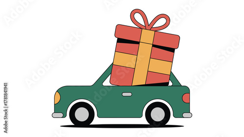 Gift Delivery in Motion: A whimsical illustration of a green car, playfully laden with a vibrantly wrapped gift, conveys the joy of giving and the excitement of receiving.