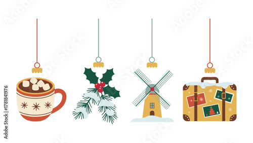 Holiday Charm: A collection of festive ornaments dangles, each offering a unique symbol of winter joy and travel aspirations.