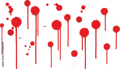 Red blood splatter isolated on white circular drops with streaks of various sizes