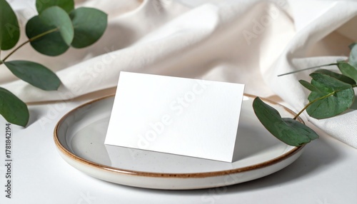 Blank card on ceramic plate, surrounded by green leaves and white silk, ideal for wedding invitations, branding, or elegant event stationery mockup.