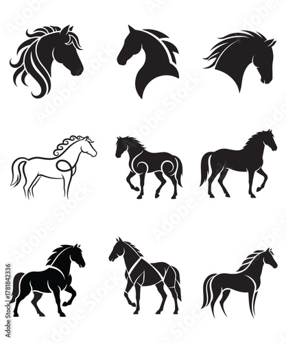 Elegant Horse Silhouette Vector Set for Modern Logo Design.