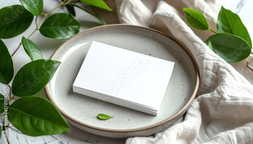Blank card on ceramic plate surrounded by green leaves and white silk fabric, ideal for elegant invitations, event branding, or minimalist presentations.