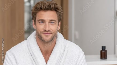 Health and skincare male model applying face cream for youthful glow relaxed setting spa environment