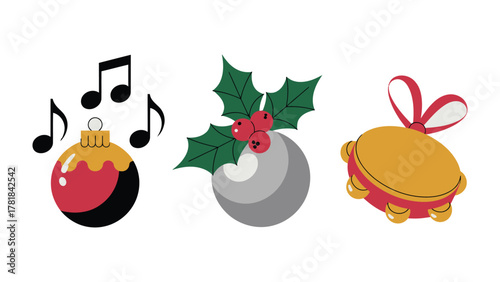 Festive Holiday Embellishments: Adorned with musical notes, a shimmering bauble, holly with red berries and a festive tambourine. The scene celebrates the joy and festivity of the season.
