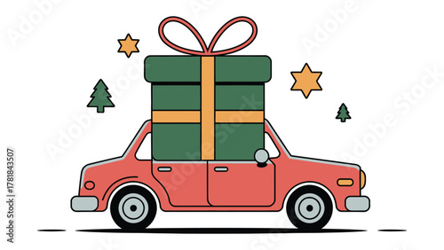 Holiday Delivery: A festive car carrying a beautifully wrapped gift, surrounded by seasonal symbols of celebration and joy, symbolizing the spirit of giving and anticipation.