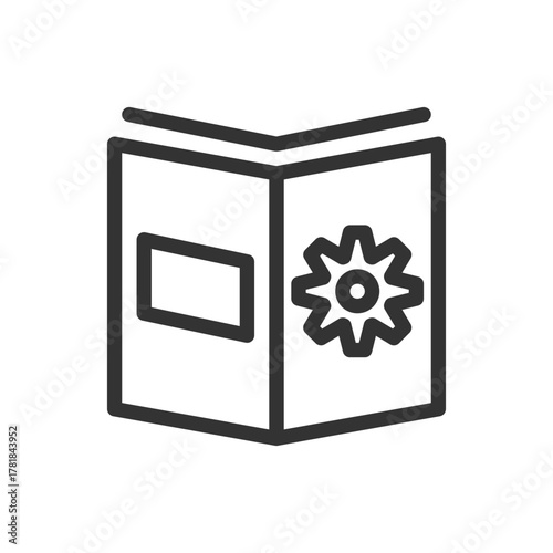 An open book outlined featuring a rectangle on the left page and a cogwheel on the right