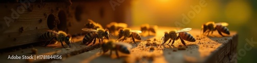 Golden hour sunlight illuminates swarming bees on aged wooden hive , texture, honey