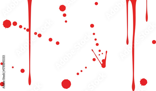 Red blood splatters and droplets on a white background