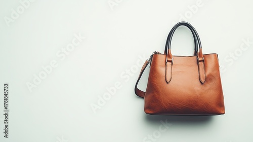 A classic brown leather tote bag with black handles against a light background, showcasing timeless design and craftsmanship with ample copy space