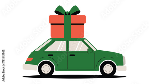 Gift-laden Car: A festive car, adorned with a large gift box and ribbon, symbolizes giving and receiving, evoking feelings of excitement and anticipation for the special occasion.