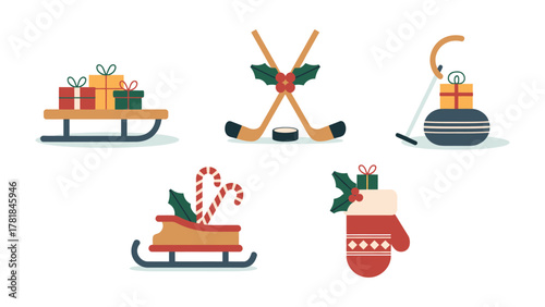 Holiday Games and Gifts: A charming collection of festive elements, including winter sports gear and beautifully wrapped gifts, perfect for evoking the joyful spirit of the holiday season.
