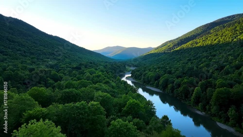 Aerial drone shot of lush green mountains at sunrise, revealing a winding river through a dense forest outdoor, environment, green