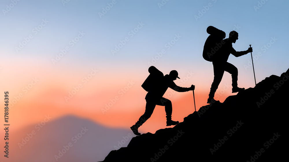 Fototapeta premium two hikers silhouette climbing a mountain with a backpack at sunset, representing journey and perseverance