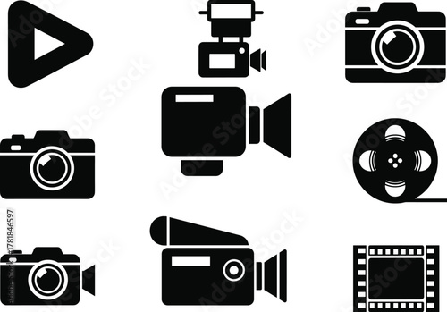 Video and photography equipment vector set, camera, camcorder, play button, and film reel icons for media production, editing, and creative design illustration