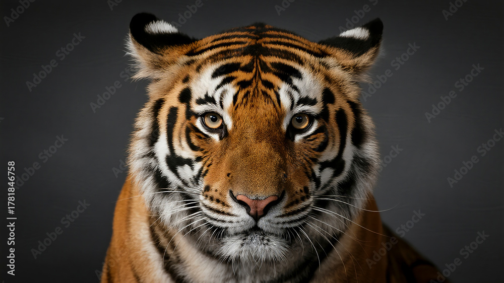 Naklejka premium A clean, sharp studio-style portrait of a Siberian tiger's face isolated on a solid, dark background.