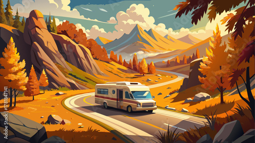 Very beautiful autumn road trip scene with RVs traveling through mountain roads surrounded by vibrant fall foliage, warm sunlight, and a realistic scenic byway adventure atmosphere.