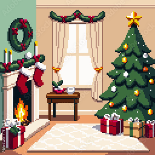 pixel illustration of christmas living room