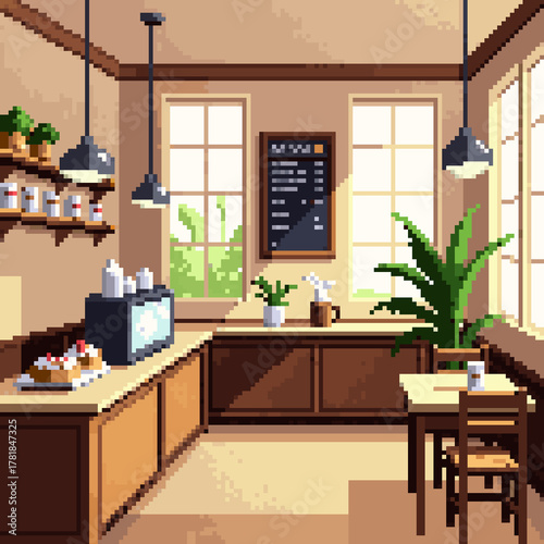 pixel illustration of cozy cafe interior