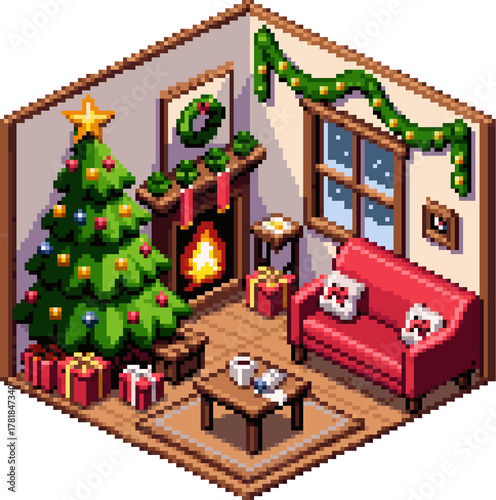 pixel illustration of christmas living room
