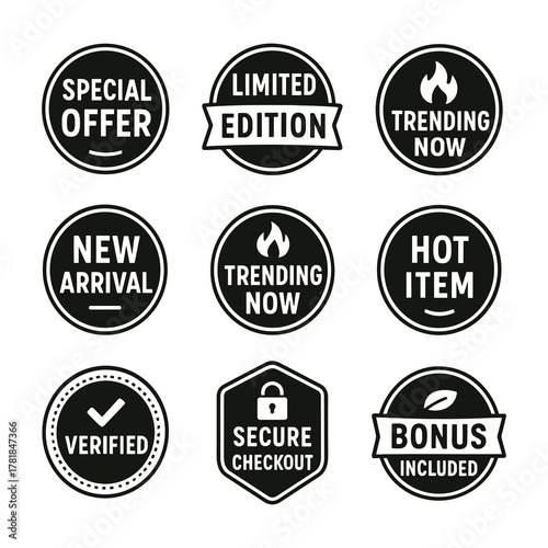 Modern sale badges ,limited edition, new arrival, trending, verified, hot