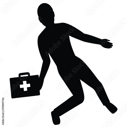 Silhouette of medic emergency falling running with first aid kit assistance