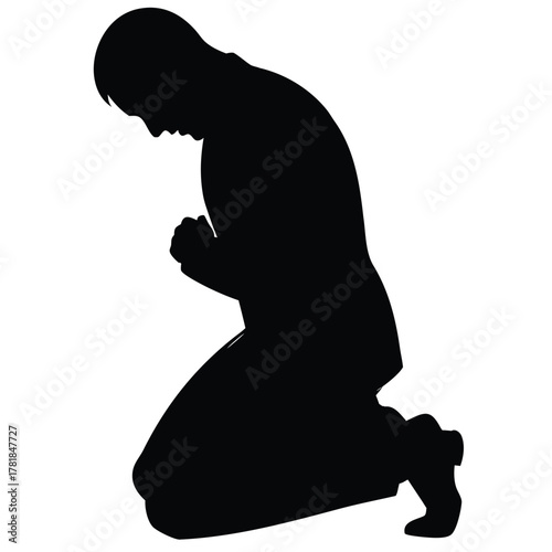 Man silhouette on knees praying asking for help seeking divine forgiveness