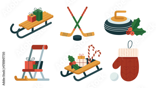 Winter Holiday Icons: A collection of festive icons representing winter sports and holiday traditions, perfect for seasonal designs. 