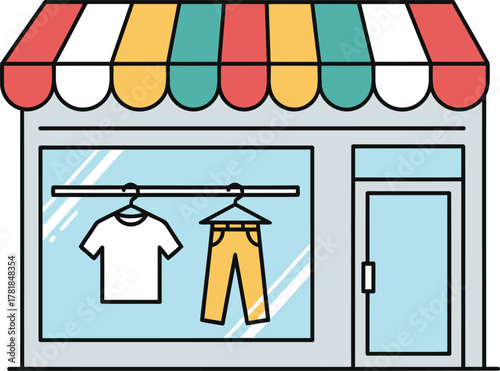 Cartoon illustration of a clothing store with a colorful striped awning and garments displayed in the window.