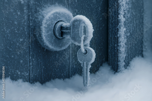 Frosty Key and Lock in Snowy Winter Weather