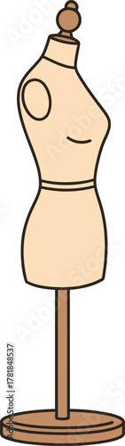 Illustration of a dressmaker's dummy on a stand with a round base.